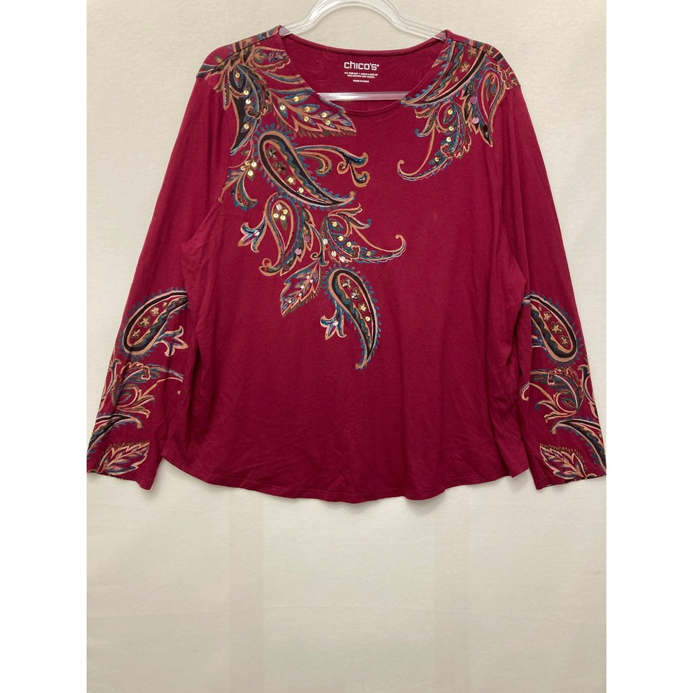 Chico's Blouse Size XLP Red Paisley Floral Feather Sequin Boho Holiday Casual